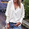 Women's Fashion Casual Solid Color Print Long Sleeve V Neck Blouses & Shirts
