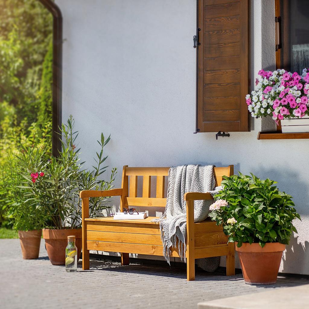 KADAX Wooden Garden Bench With Backrest 120cm With Box Terrace Balcony Garden