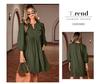 European & American Women's Pointed Collar Midi Dress: Solid Color, High Waist, 3/4 Sleeve Pullover.
