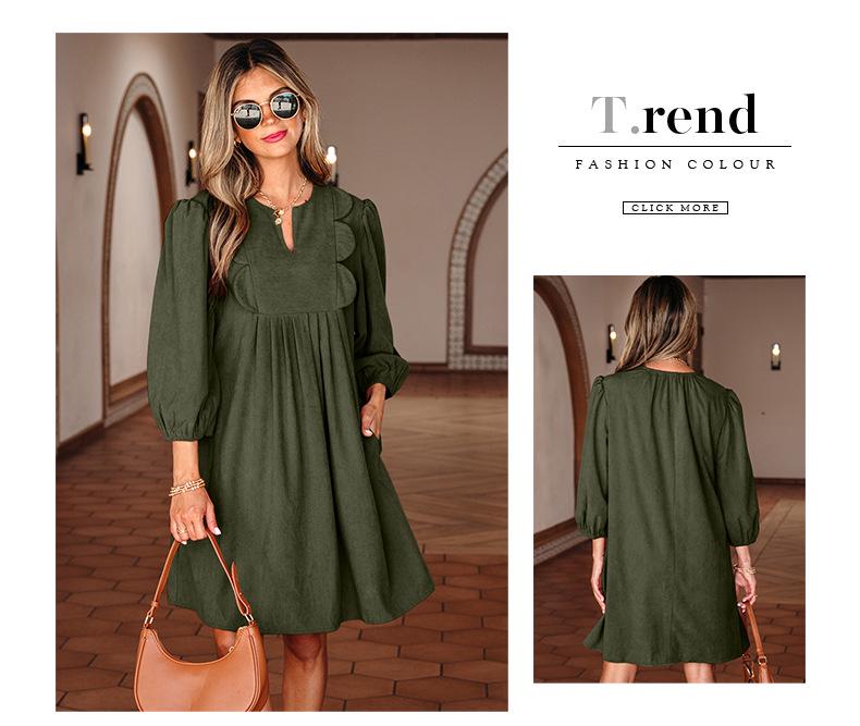 European & American Women's Pointed Collar Midi Dress: Solid Color, High Waist, 3/4 Sleeve Pullover.