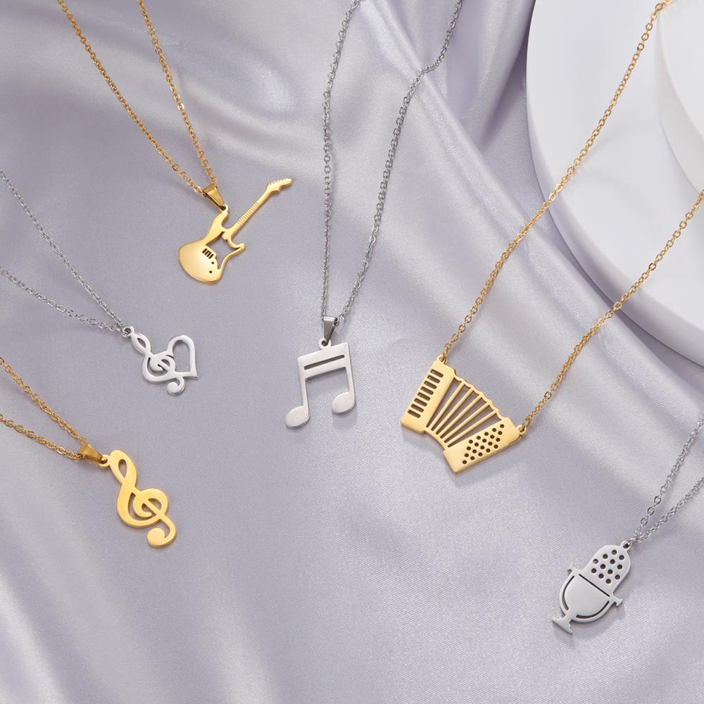 Teamer Stainless Steel Necklace for Women Music Note Instrument Guitar Pendant Charms Gold Plated Fashion Jewelry Romantic Gift