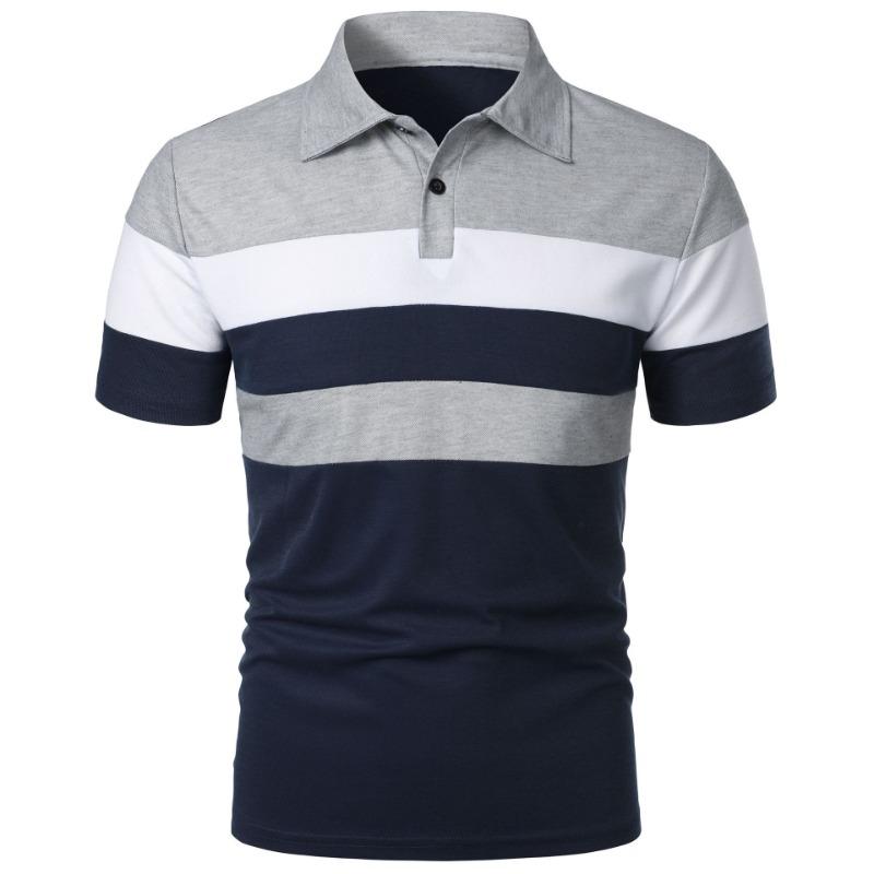 8XL Men's Short Sleeve Polos Shirts Buttons Three Stripes Color Blocking Top Fashion Men Lapel Polo Shirt