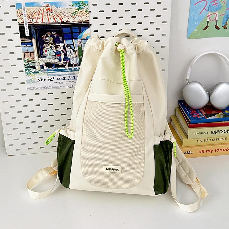 Korean Version Contrast Color Drawstring Canvas Tie Pocket Travel Bag Outdoor Cycling Backpack Female Schoolbag Backpack