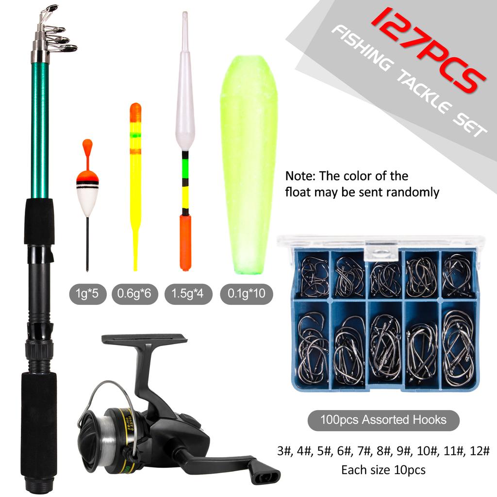 Fishing Rod and Reel Combo 127pcs Fishing Tackle Set Telescopic Fishing Rod Pole with Spinning Reel Floats Hooks