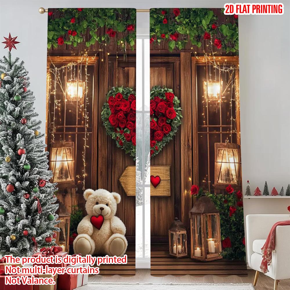 2pcs 2D Flat Printing Merry Christmas Popular Window Curtains Red Rose Wood 0 Fabric Without Electricity Festive Wall Decor for