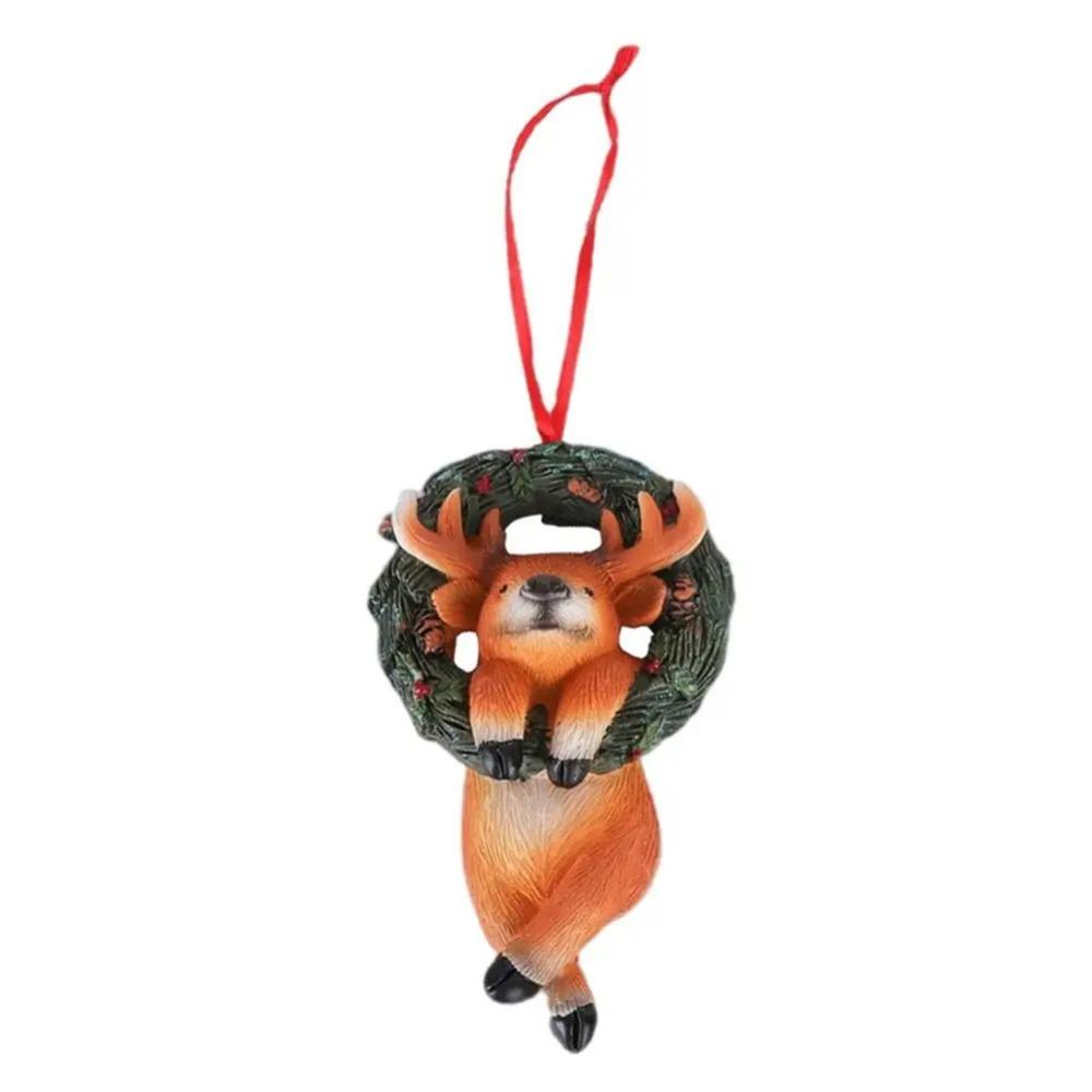 Resin Crafts Christmas Tree Pendant Cartoon Animals Mini Bear Statue Wreath  Room Decoration