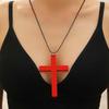 Punk Wood Cross Pendant Necklace for Women Men Vintage Hip Hop Red Big Cross Beaded Sweater Chain Necklace Y2K Halloween Jewelry