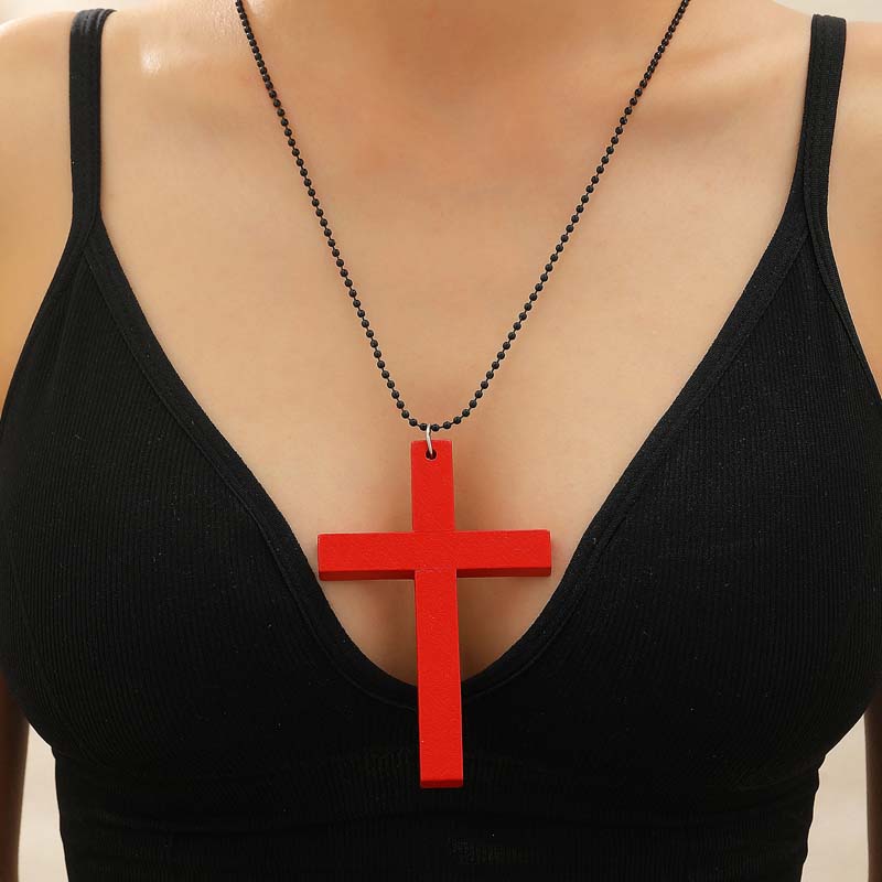 Punk Wood Cross Pendant Necklace for Women Men Vintage Hip Hop Red Big Cross Beaded Sweater Chain Necklace Y2K Halloween Jewelry