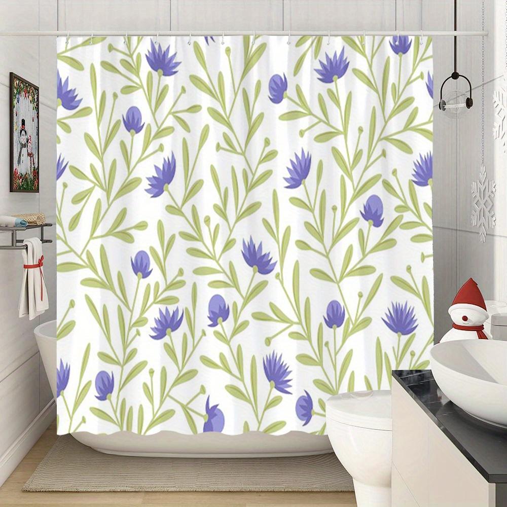 Elegancka zasłona prysznicowa w kwiaty - Fioletowe kwiaty i jasnozielone liście na białym tle, Minimalistyczny design botaniczny, Zmywalna