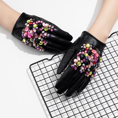 Leather Gloves for Women Short Sheepskin and Colorful Diamond Clothing and Accessories  Fashionable and Warm Gloves