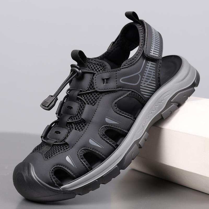 Fashion 2025 New Summer Breathable Leather Sandals for Men Fashion Casual Sports Outdoor Shoes Male Elastic Band Solid Color Sandals Man