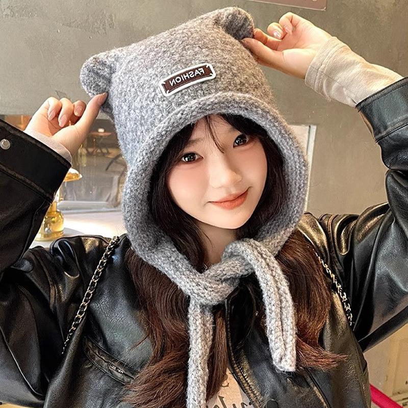 Autumn And Winter Woolen Cute Bear Ear Hat For Women Outdoor Warm Cold-Proof Sweet Knitted Hat