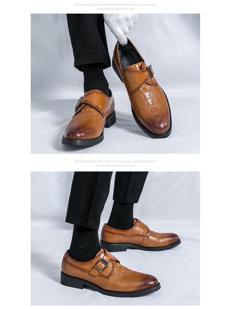 Men's Formal Crocodile Pattern Monk Strap Slip-On Shoes for Weddings and Business
