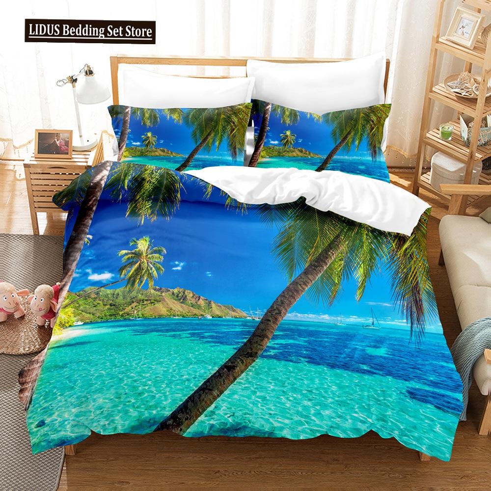 Zestaw Poszwy na Kołdrę Krajobrazowy Rozmiar King Full Letni Palmy Plaża Fale Morskie Motyw Oceaniczny Dla Dzieci Dziewczynka Chłopcy Poliestrowy Zestaw Pościeli