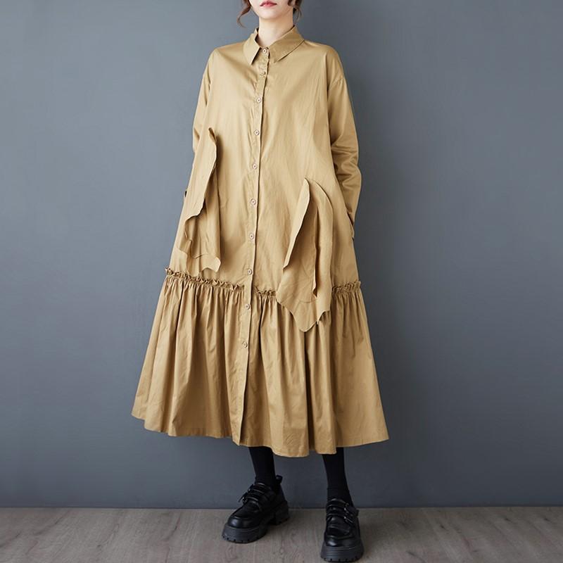 

Длинный рукав Плюс размер Хлопок винтажные оборки новые платья для женщин повседневный свободный весна осень платье-рубашка хаки