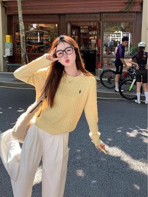 Suéter Amarelo de Ganso Feminino 2025 - Novo Suéter de Malha Grossa Macia com Mangas Longas