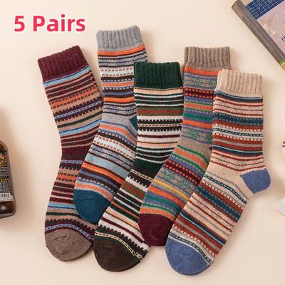 5 Pairs Men's Thicken Socks Vintage Design Ethnic Style Striped Thick Line Casual Socks Winter Warm Sock