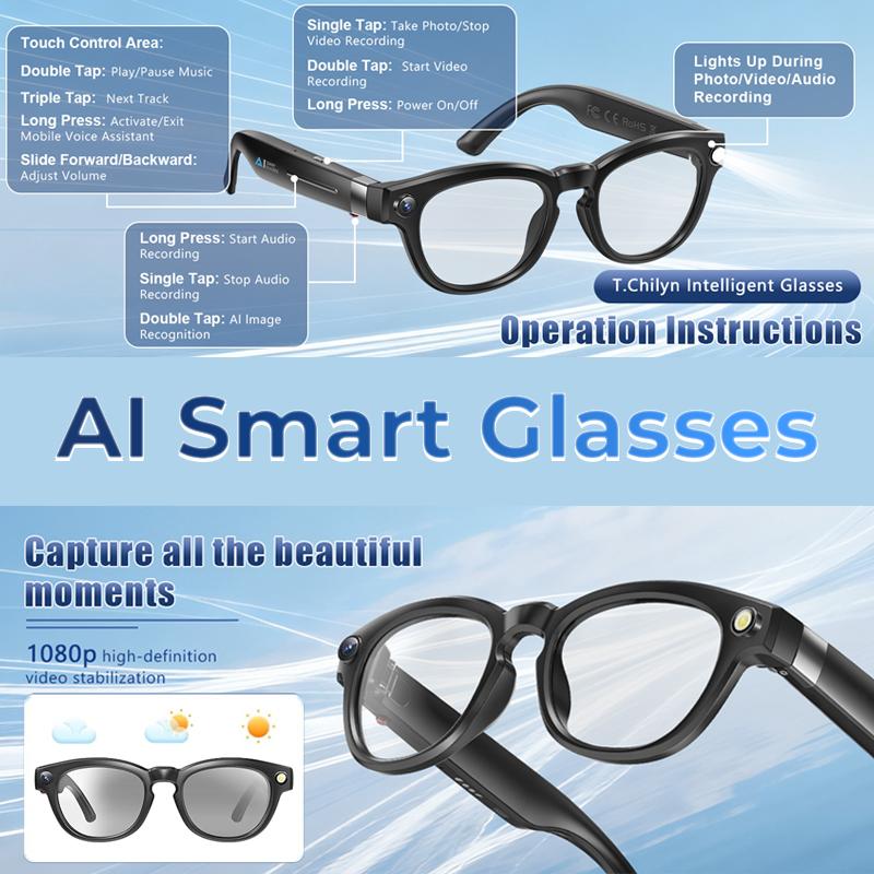 Smart Glasses Real-Time AI Translation Powered Assistant 8MP Camera  Photography 1080P Video Dual Mics Speakers Photochromic Lenses Bluetooth Calling