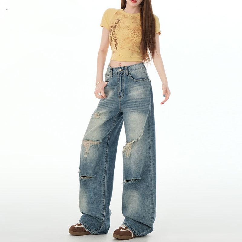 Women s High Waist Wide-Leg Ripped Jeans - Autumn 2025 Style, Floor-Length, Washed, Slimming Fit Extra Small синий