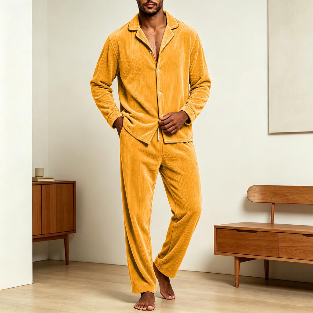 Men's Casual Loose Fit Corduroy Pajama Set with Button-Front Long Sleeve Top and Pants