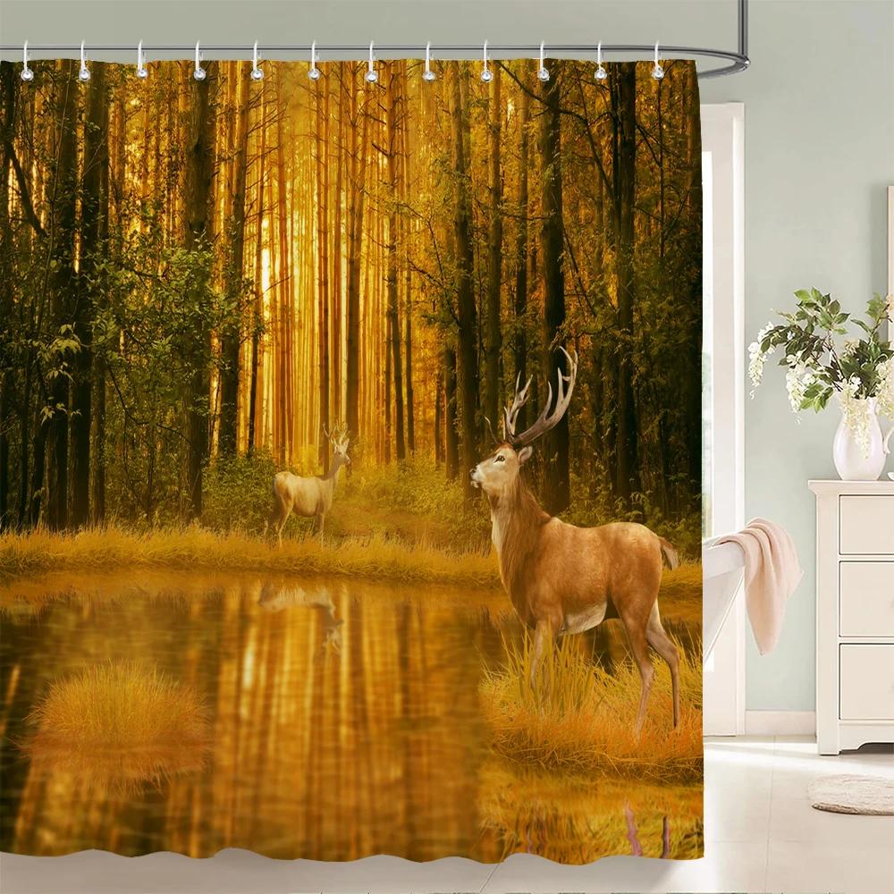 Forest Scenery Printed Fabric Shower Curtains Autumn leaves Tree leaf Bath Screen Waterproof Products Bathroom Decor with Hooks