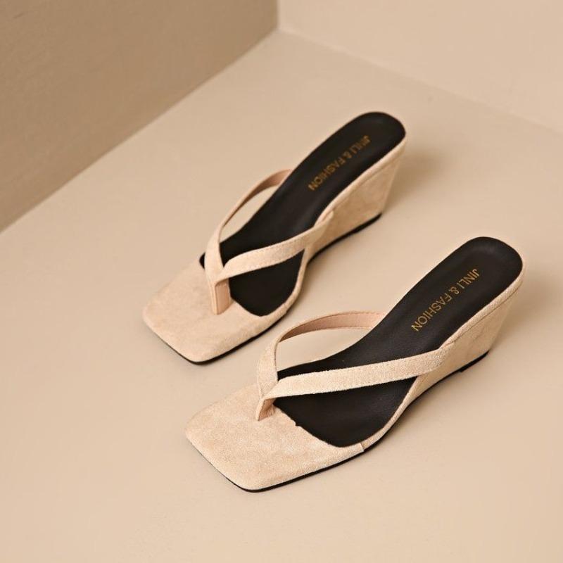 Fashion New Style Slope Slippers Women's Fashion Square Head Clip Toe Set Foot Fine Strap Soft Sole Anti-slip Wear-resistant High Heels