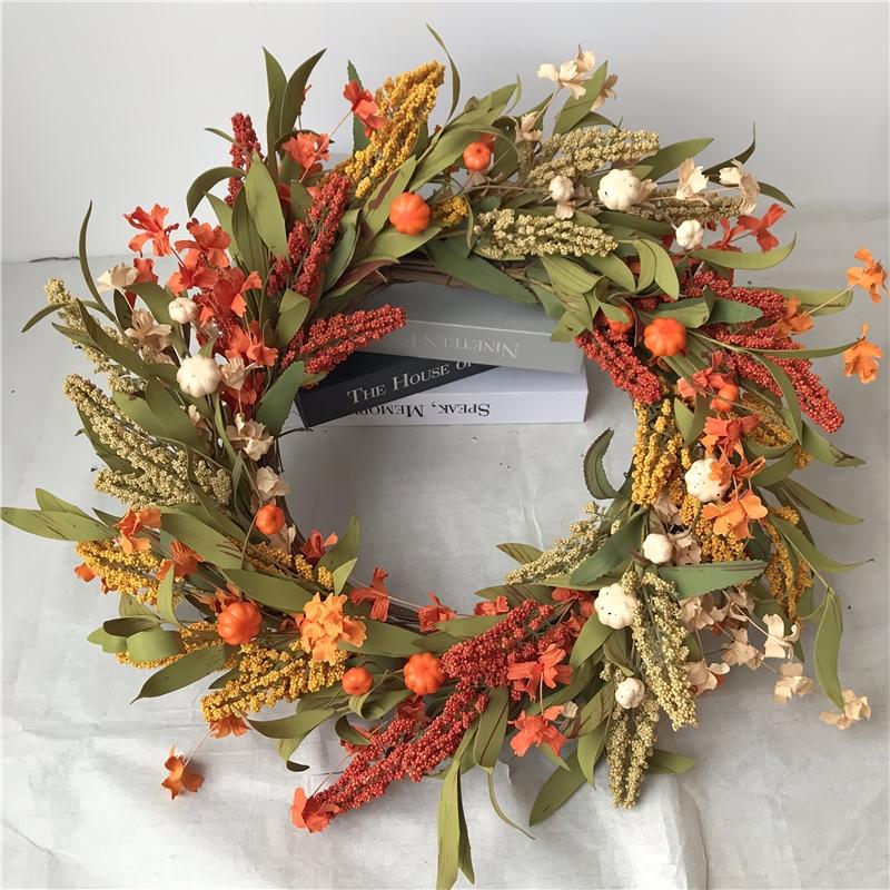 21.65-Inch Large Handmade-Style Autumn Wreath with Orange & Yellow Artificial Wheat, Pineapples, Chrysanthemums
