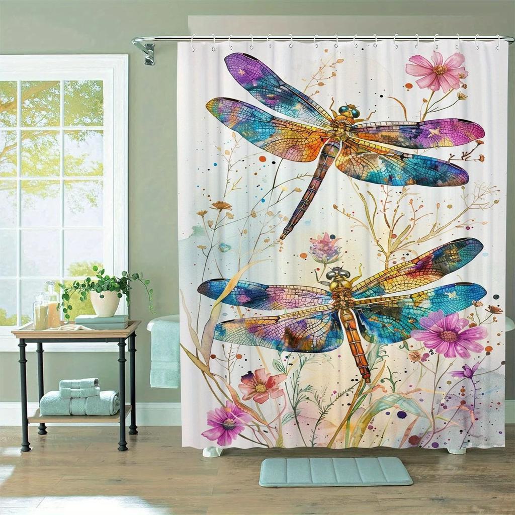 Waterproof 12 Hooks Dragonfly Pattern Shower Curtain, Machine Washable One Piece for Room Home Hotel Bathroom