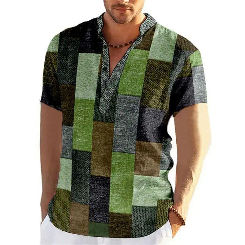 Vintage Men'S 3D Faion Patchwork Printed Irt Oversized Autumn Collar Fce Lined Thiened Nine-Quarter Sve