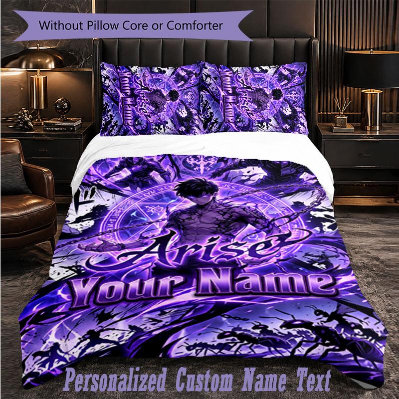 Personalized 3Pcs Bedding SetSolo Leveling Custom Text Duvet Cover Pillowcase Set Bedroom Gift