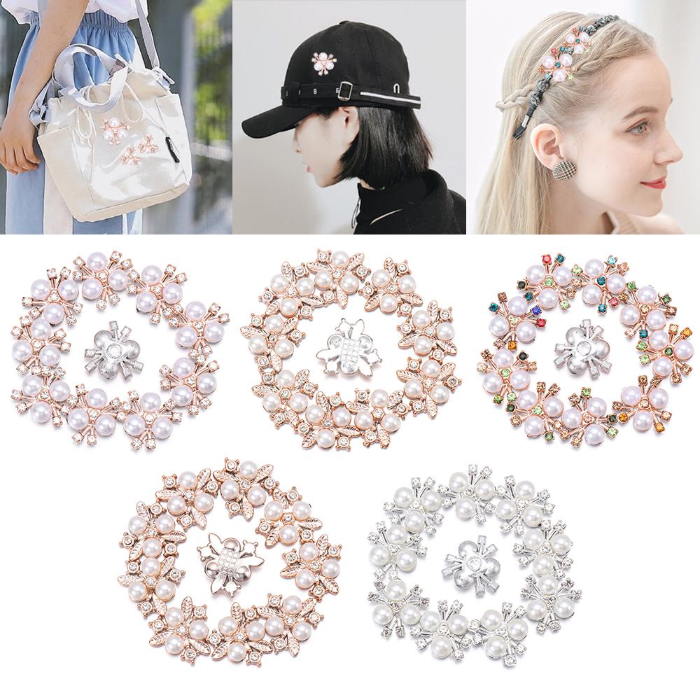 10PCS Pearl Flower Rhinestone Buttons Sparkling Crystal Hairpins Decoration Apparel Sewing Decor Craft Buttons DIY Accessories