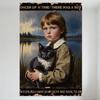 Vintage Children's Storybook Tin Sign, Boy with Gray Cat & Natural Landscape, Whimsical Quote Metal Wall Decor for Home Cafe Bar