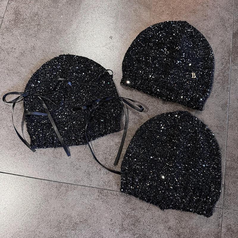 Sequined Knitted Fashion Hat With Bow And Letter Decorations For Casual Daily