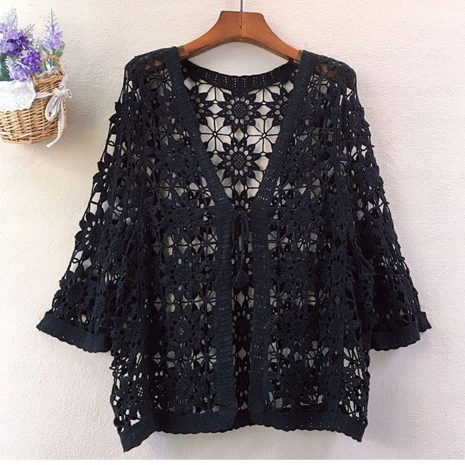 

Женская трикотажная куртка с вырезами, хлопковый свободный кардиган, летняя солнцезащитная кружевная блузка с открытым передом one size