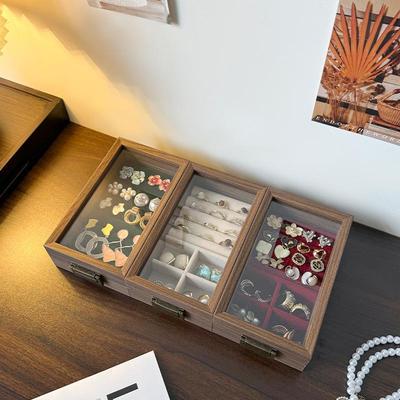 Compact Jewelry Storage Box: Solid Wood Black Walnut Display Stand for Necklaces, Earrings, Studs, Rings, and Bracelets.