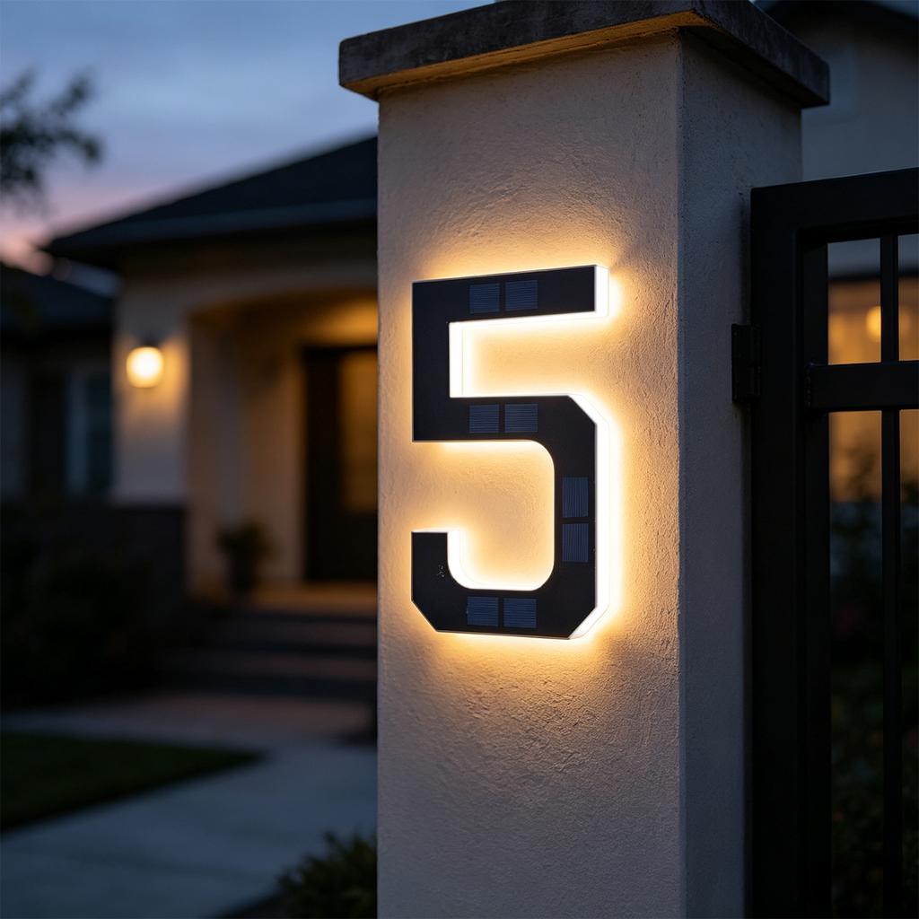 LED Solar House Number Light, IP44 Waterproof Outdoor Glowing Address Signs, Illuminated Address Plaque for Home Hotel Office