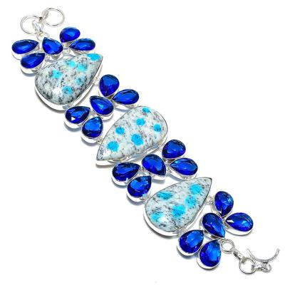 Natural K2 Blue Azurite, Topaz Gemstone 925 Sterling Silver Bracelet 7-8" T0E79