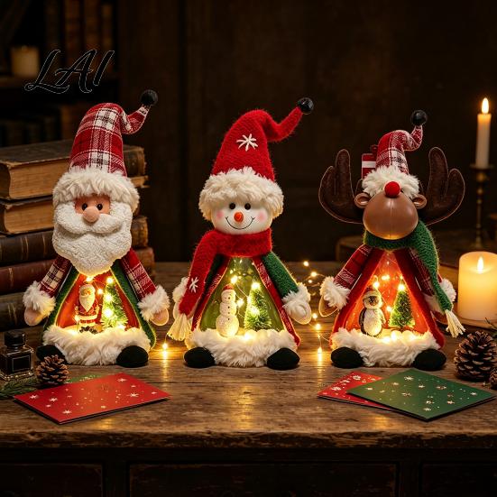 Standing Christmas Character Set Lighted Doll Decoration Cute Plush Santa Claus/Snowman/Reindeer Figurine with Holiday Home Interior Decor