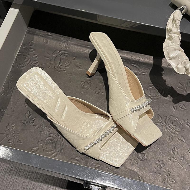 Silberweiße Fee~ Schlichte Strass-Temperament Zehenfreie High-Heel Cool Pantoletten Damen tragen dünne Absätze