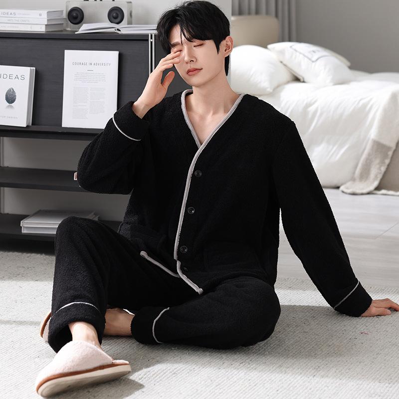 Red Pajamas Men'S Autumn And Winter Half-Edge Fleece Natal Year Loungewear Autumn And Winter Thickened Fleece Coral Fleece Suit