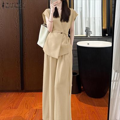 Women Elegant Sets Sleeveless Front Cross Lace-up Tanks Long Trousers Casual Suits