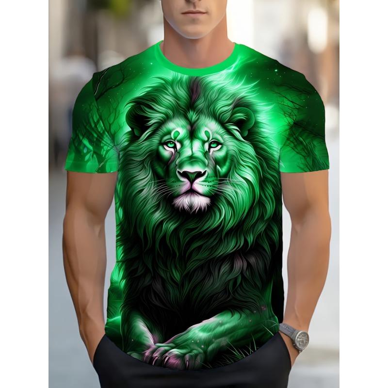 3D Majestic Lion Printed T-Shirt for Men Cool Animal Portrait Short Sleeve Tees Trendy Casual Round Neck Summer Pullover Dark Red Streetwear Tops