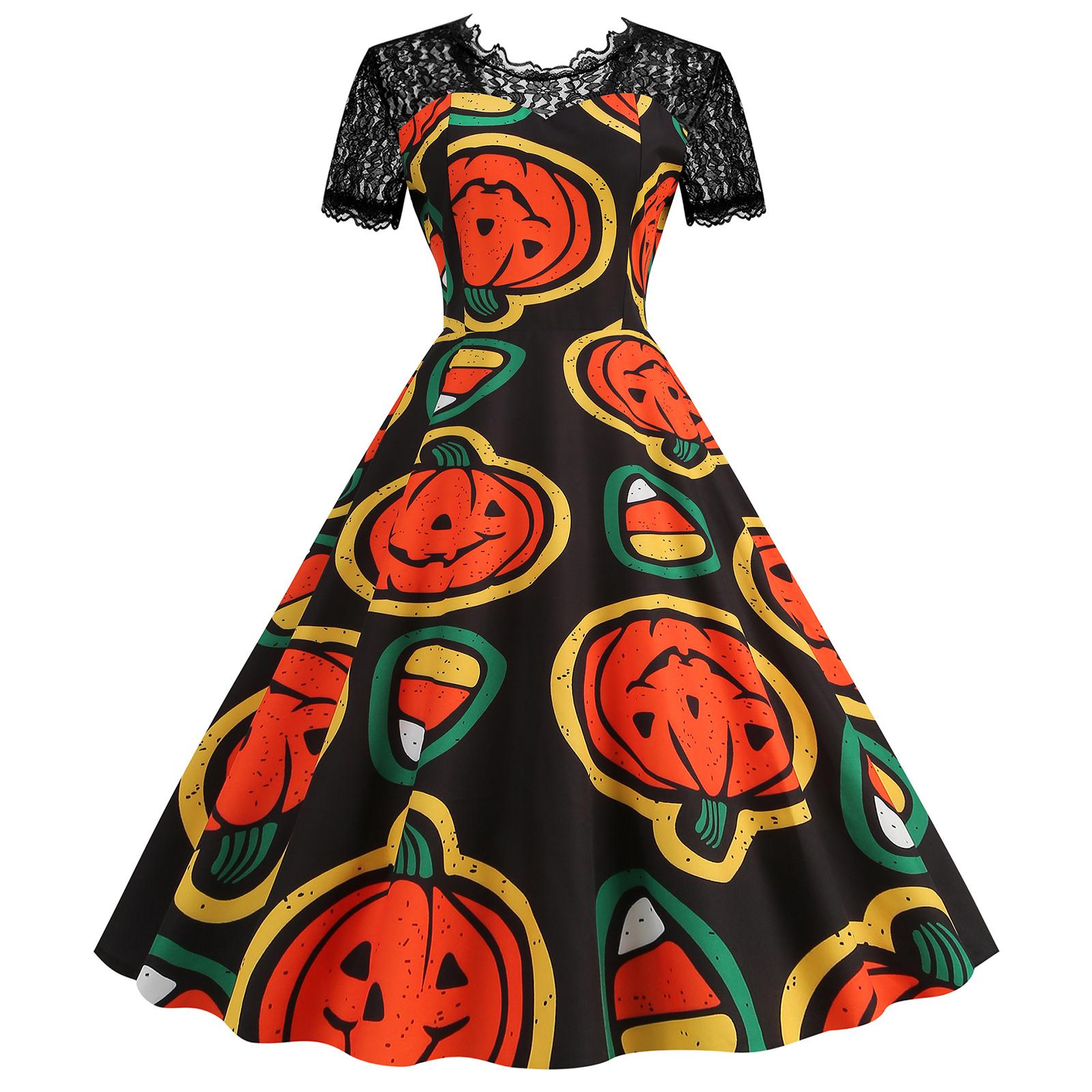 

Женское платье в стиле ретро Хепберн с кружевом, круглым вырезом и короткими рукавами, с принтом на Хэллоуин M оранжевый