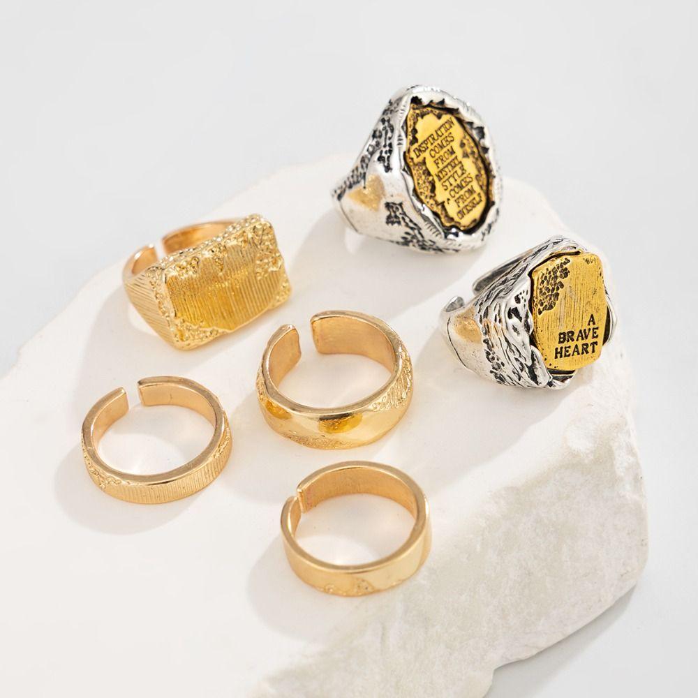 6Pcs/Set Punk Rings Hip-hop Men Rings Retro Geometric Open Rings  Male