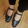 Great To Wear Retro Flat Ballet Single Shoes Women's Square Head Fashion Rivets Rhinestones Word Belt Mary Jane Shoes