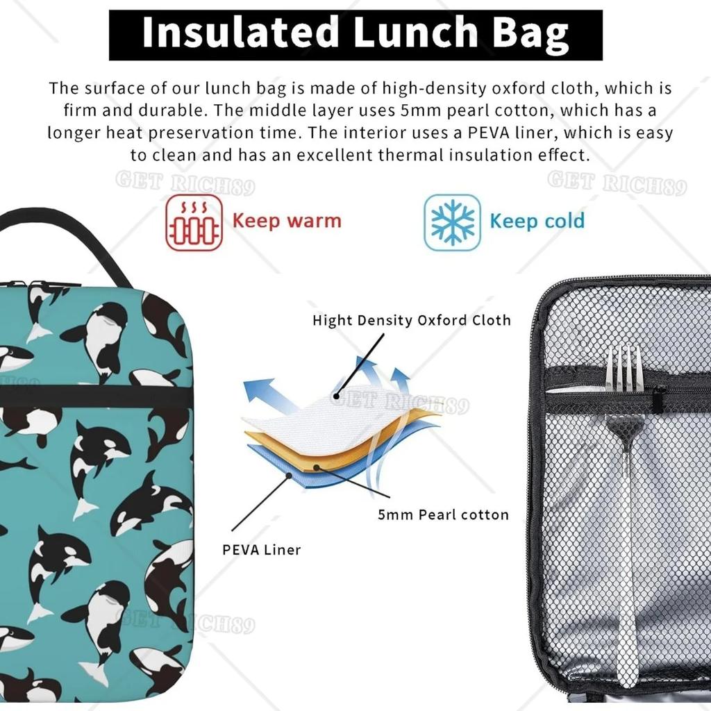 Cartoon Schwertwal Wiederverwendbare Isolierte Kühltasche Lunchtaschen für Männer Frauen Auslaufsicher Große Tragetasche Lunchbox Snacktasche mit Tasche