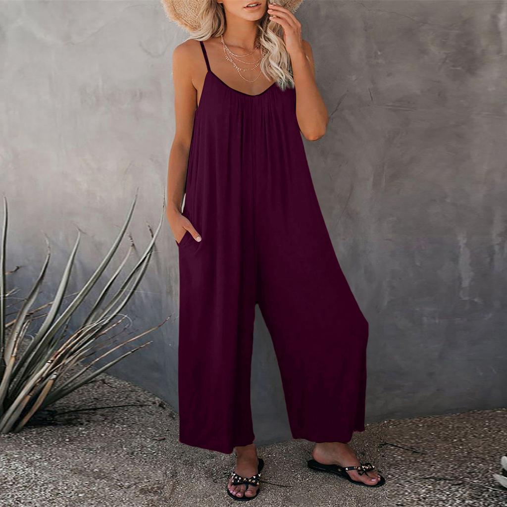 Women's Color Overalls Sleeveless Vest Pocket Casual Jumpsuit