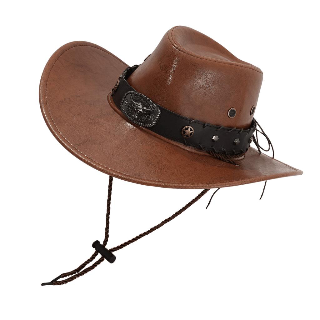 Large Brims Western Hat PU Leather Top Hat with Bull Head Belt for Costume Parties Halloween Dressingup Props Headwear