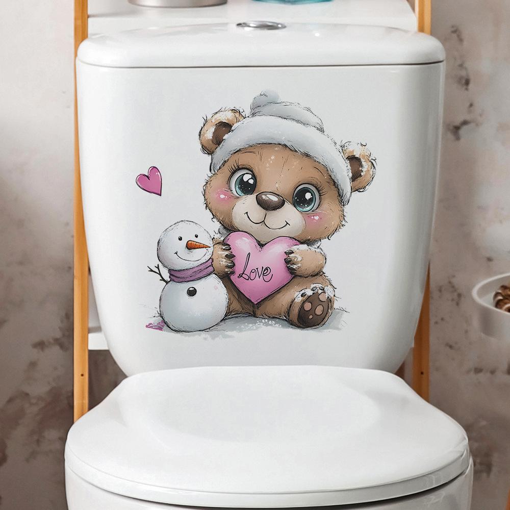 Baby Bear Heart Snowman Toilet Wall Sticker Self-Adhesive Removable Bathroom Cute Home Decor Art