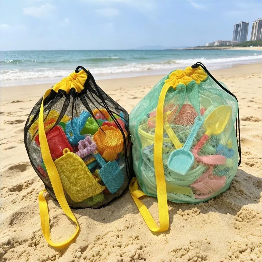 Portable Drawstring Beach Bag Large Capacity Swim Toy Storage Bag Mesh Beach Bag Beach Activities